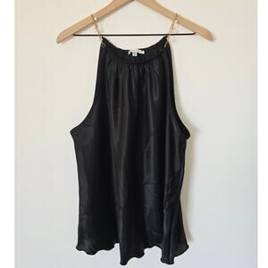 Tash + Sophie Sleeveless Top Size XL Black Satin Blouse w/ Gold Chain Straps